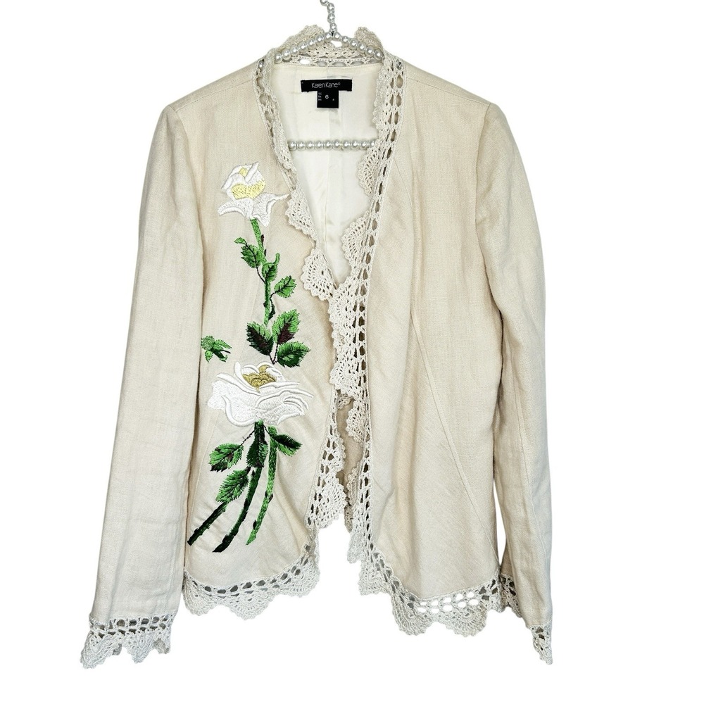 Karen‎ Kane Linen Crochet Jacket Womens 6 Boho Floral Art To Wear Embroidered
